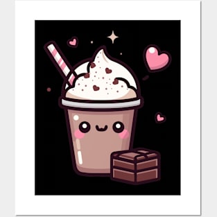 Kawaii Cute Chocolate Milkshake with Chocolate Bar and Hearts | Kawaii Food Art Posters and Art